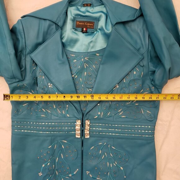 Donna Lepure NY Blue Lambskin Leather Embellished jacket/skirt size 2L Vintage - Picture 6 of 16